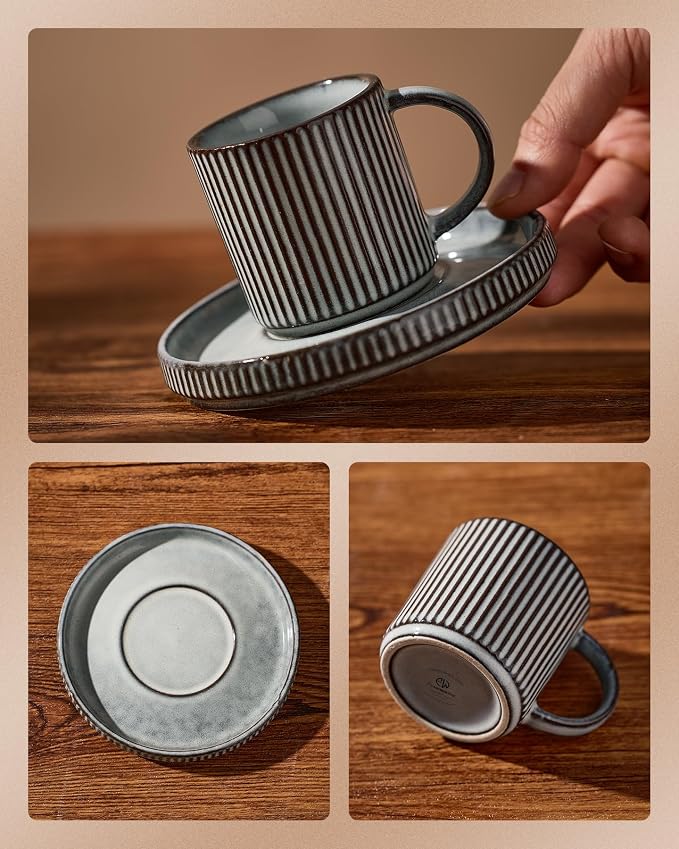 famiware Star Espresso Cups and Saucers Set of 4, [ Mini ] 3 oz Ceramic Small Coffee Mug with Handle, Ribbed Stoneware Demitasse Cup for Tea, Latte - Microwave & Dishwasher Safe - Smoky Blue