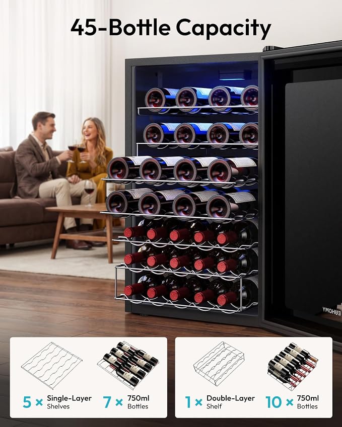 EUHOMY 45 Bottle Wine Cooler Refrigerator, Wine Fridge with Glass Door for Red, White and Champagne, Mini Fridge with Adjust Temperature for Home Kitchen Bar 4.5 Cu.ft, Black