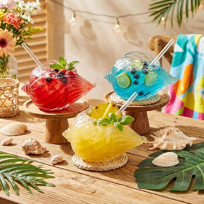 4 Set Seashell Tiki Glasses, 11.8 oz Seashell Cocktail Glasses with Straws Clear Funny Whiskey Drinks Tumbler Unique Wine Mugs for Ocean Themed Bars Beach Party Wedding Home Decor