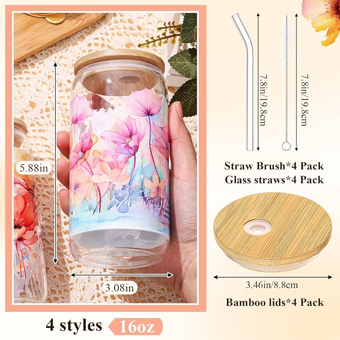 Mumufy 4 Pack Wildflower Glass Cups Gift Aesthetic Cute Glass Cup Tumbler Flower Iced Coffee Mugs 16 oz with Bamboo Lid & Straw, for Wedding Birthday Bridesmaid Mom Baby Shower