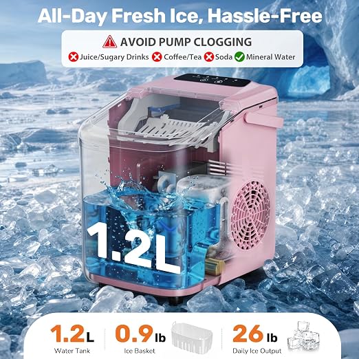 Sweetcrispy Countertop Ice Maker with Scoop, Basket and Handle, Portable Ice Machine 9 Cubes Ready in 6 Mins, 26.5lbs in 24Hrs, 2 Sizes for Home Kitchen Office Bar Party