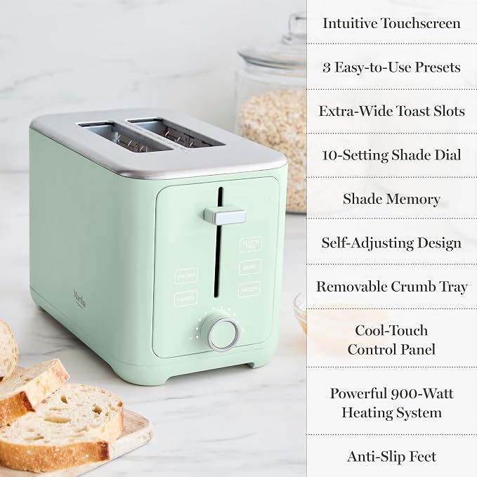Martha Stewart 2 Slice Toaster, 10 Shade Settings with Defrost, Cancel, Bagel & Gluten-Free, Extra-Wide Self-Centering Slots for Waffles & Artisan Bread, Removable Crumb Tray, Cord Wrap, Honeydew