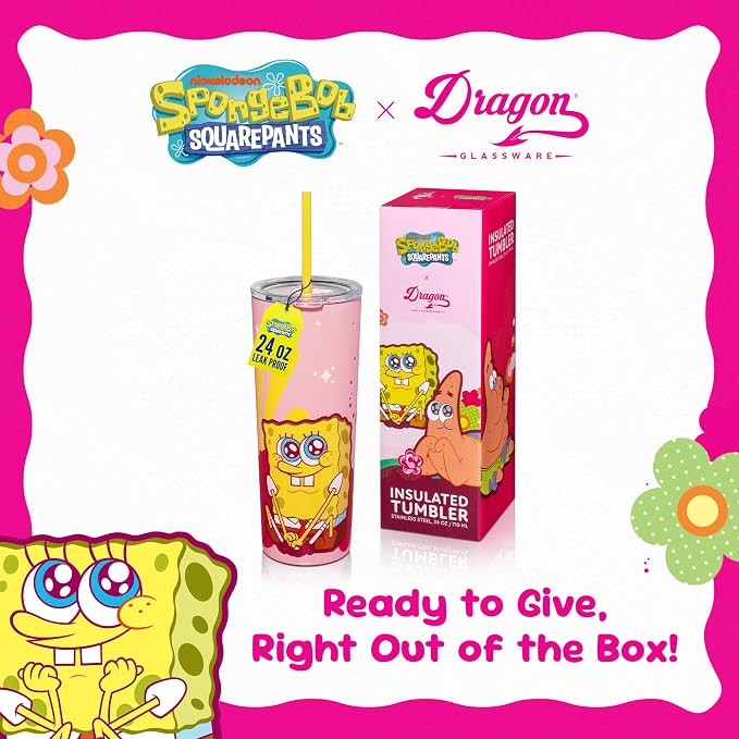 Dragon Glassware x SpongeBob SquarePants Tumbler with Straw, 24 oz - Pink | Vacuum Insulated Stainless Steel Tumbler with Straw & Lid; Double Walled Tumbler with Straw; SpongeBob SquarePants Cup