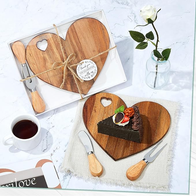 Patelai 36 Set Bridal Baby Shower Favor Heart Cheese Board with Knife, Wood Mini Charcuterie Board Thank You Gift Box for Guest Bridal Baby Shower Prize Wedding Valentines Birthday (Acacia Color)
