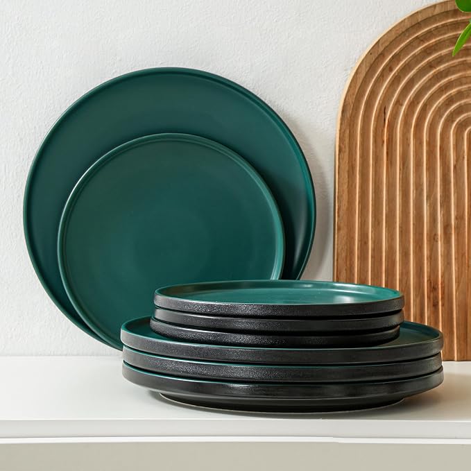 Ceramic Dinner Plates, 10.25 Inch, Set for 4, Modern Green | Flat Dish Design, Microwave & Dishwasher Safe, Perfect for Family and Entertaining, For Steak, Sandwiches, Pizza, Pasta