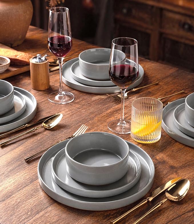 AmorArc Ceramic Dinnerware Set for 4 | Speckled Stoneware Plates and Bowls with unglazed terracotta | Scratch Resistant, Dishwasher & Microwave Safe Dishes Sets- 12-Pcs Gray