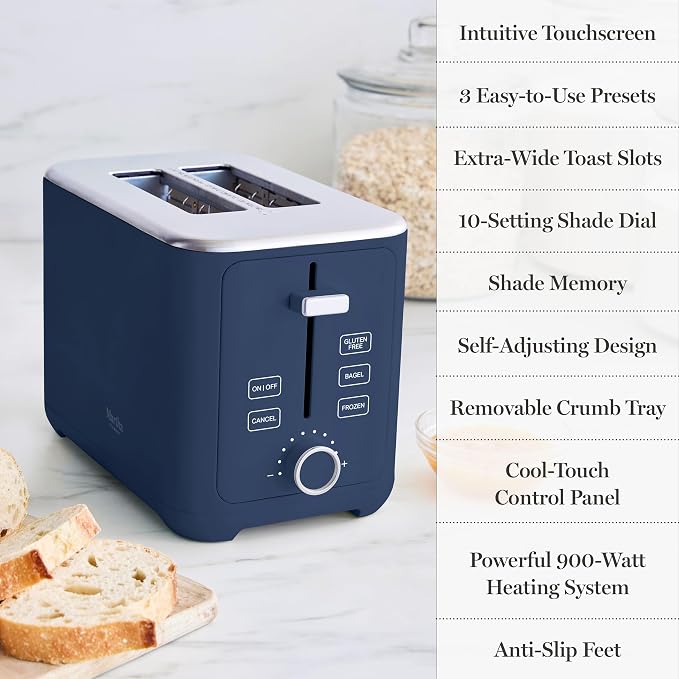 Martha Stewart 2 Slice Toaster, 10 Shade Settings with Defrost, Cancel, Bagel & Gluten-Free, Extra-Wide Self-Centering Slots for Waffles & Artisan Bread, Removable Crumb Tray, Cord Wrap, Indigo Blue