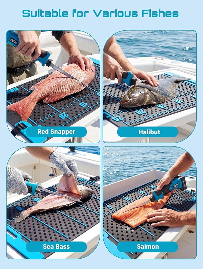 Seesii Cordless Electric Fillet Knife with 4 Blades, 100 Mins High Speed Filet Knife for Fish, Ergonomic Non-Slip Grip, Safty Lock, Carry Bag Kit for Filleting and Meat Slicing