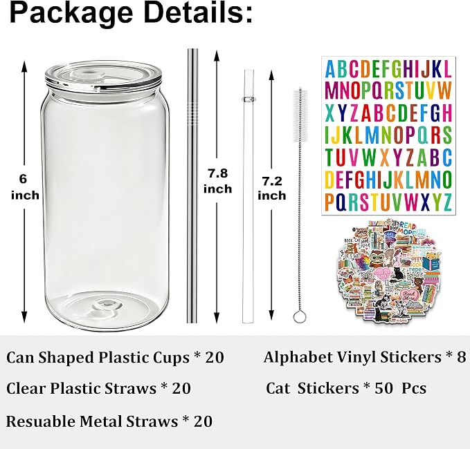 16 oz Clear Plastic Cups Reusable with Lids and Straws & DIY Sticker, 20Pack Acrylic Mason Jars Iced Coffee Drinking Glasses Cup for Park Picnic, Poolside, Party Giveaways