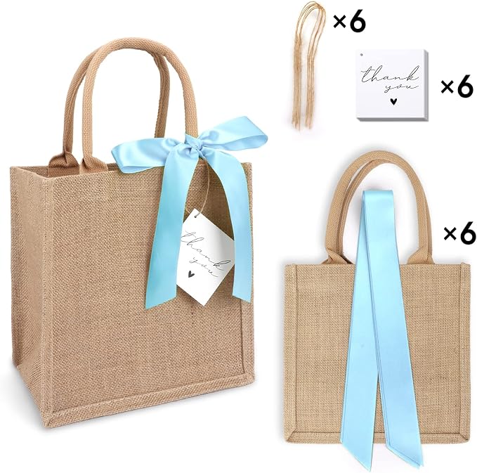 6 Pack Burlap Tote Bags with Handles Reusable Small Jute Gift Bags with Blue Silk Ribbons Waterproof Lining for Wedding Bridesmaid Mother's Day Bachelorette Beach Party