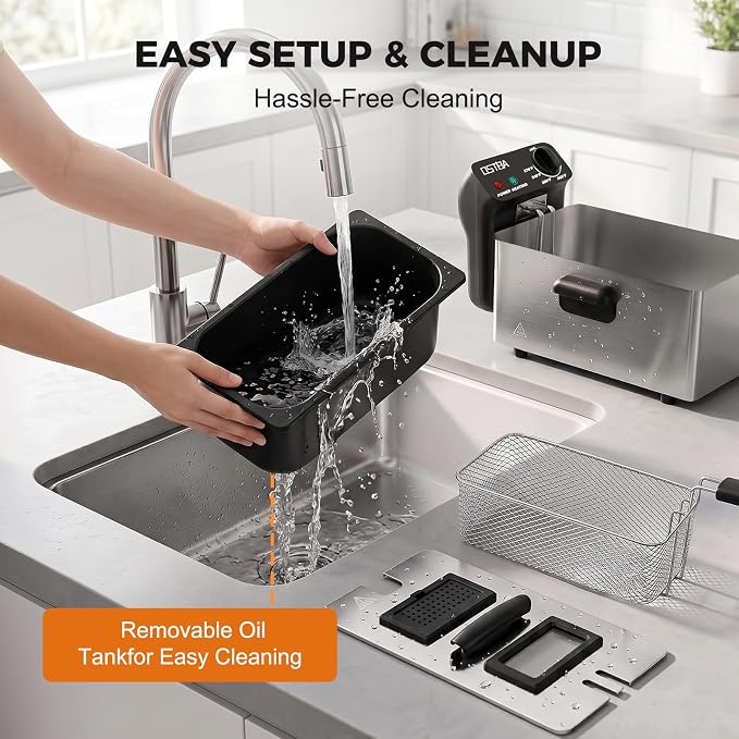 OSTBA Electric Deep Fryer with Basket, 1500W Stainless Steel Countertop Deep Fryer, 3.2QT Oil Capacity, Adjustable Temperature Control, Viewing Window, Removable Oil Container, Overheat Protection