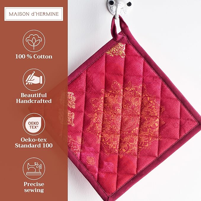 Maison d' Hermine Pot Holders Set 100% Cotton Heat Resistant Potholders 8" x 8" Hot Pads with Loop for Thanksgiving Christmas Decorations BBQ Cooking Baking Handling Hot Pans (Pack of 2, Versailles)