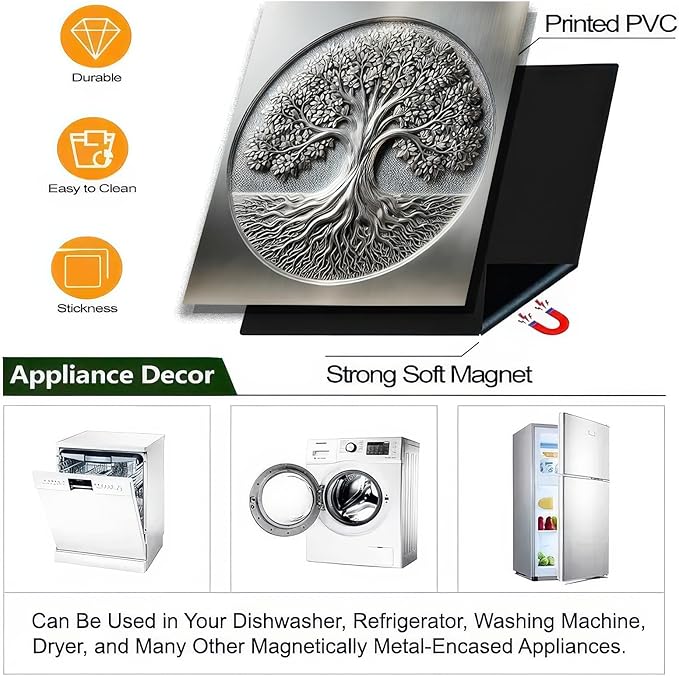 BlissYard Sliver Metal Tree of Life Dishwasher Magnet Cover Skin Panel 23x26 Inch Magnetic Dishwasher Covers Decorative Appliances Refrigerator Cupboard Magnet Cover Kitchen Decoration