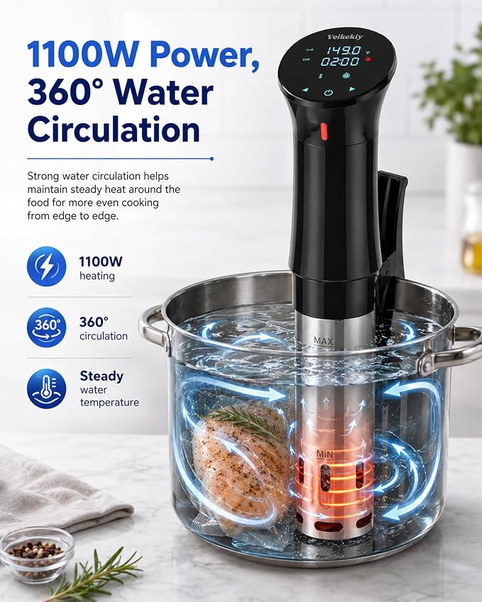 1100W Sous Vide Cooker with Precision Temperature Control & Digital Timer | Immersion Circulator Machine for Steak, Chicken, Fish, Eggs & Vegetables, Quiet Design, 304 Stainless Steel, Fits Most Pots