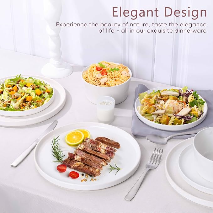 Herogo 12 Pieces Dinnerware Dishes Set for 4, Handmade Stoneware Dining Plates and Bowls Sets, Double Reactive Glaze, Microwave & Dishwasher Safe, Scratch Resistant, Speckled White