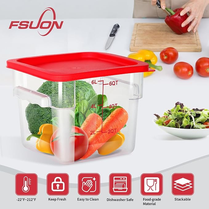 4 Pack 6 Qt Square Polycarbonate Food Storage Containers with Lids | Clear BPA-free PC with lids, side handles, measurement scale and stackable design; for food prep, storage and freezer use.