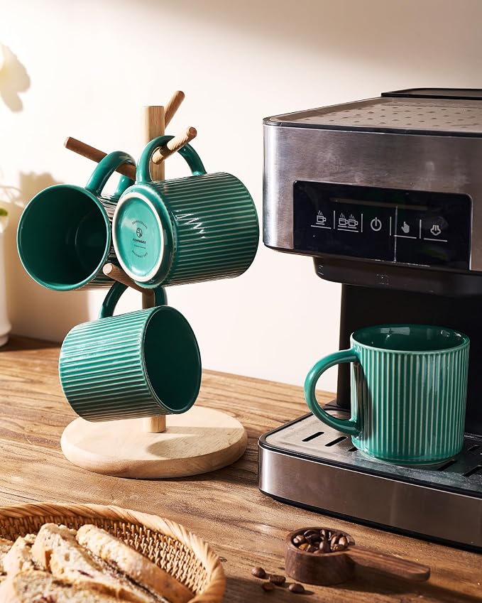 famiware Coffee Mug Set for 6, Star 12 oz Catering Mugs Cup Set with Handle for Coffee, Tea, Cocoa, Milk- Ceramic Stoneware Drinkware Set, Sage Green