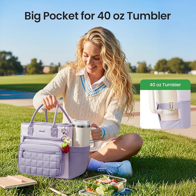 LOVEVOOK Insulated Lunch Bag Women,Puffer Adult Lunch Box for Women with Handmade Strawberry Charm,Wide Opening Leakproof Cooler Bag with Cup Holder for Work Picnic Beach Family College Mom Teacher