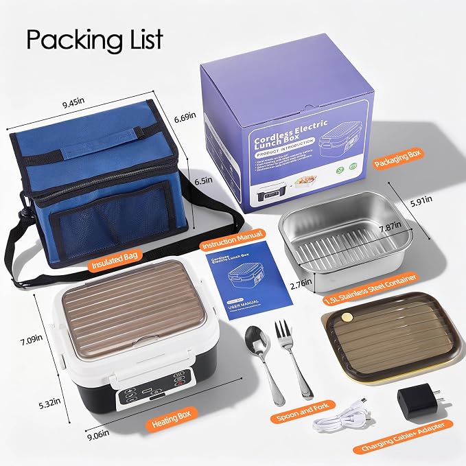 Cordless Electric Lunch Box, 6.3 Cup 100W Heated Lunch Box with 20000mAH Battery Powered for Self Heating, Including Fork Spoon and Insulated Bag for Men Women Adults, BPA Free(Black+White)