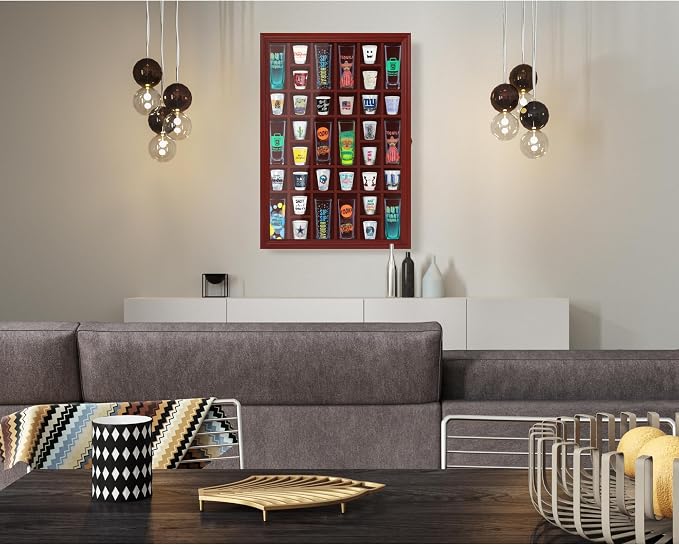 Shot Glass Display Cabinet Solid Wood - Large Display Case for Collectibles | Man Cave Accessories | UV Protection Acrylic Door | Wall Mounted Black Shadow Box (26 x 18 Mhg)