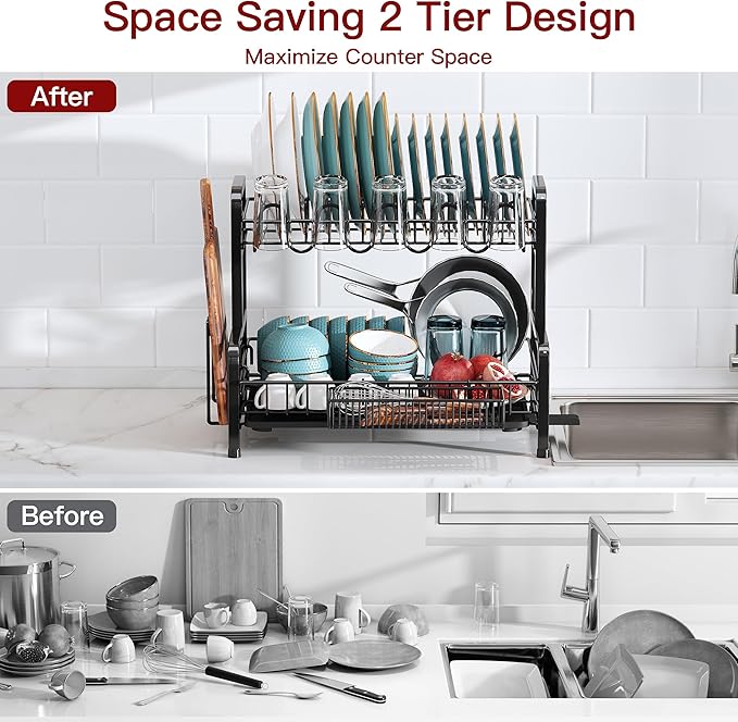 2 Tier Black Dish Drainer Drying Rack for Kitchen Counter, Large Stainless Steel Dishes Dryer with Drainboard, Space Saving, Big Rustproof Metal Modern Countertop Plates Strainer with Utensil Holder