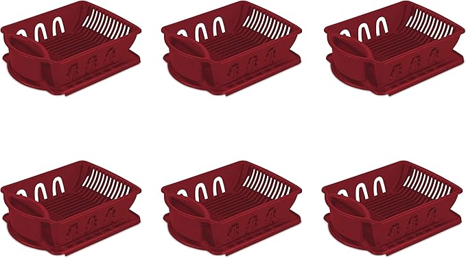 Sterilite 2 Piece Sink Set, With Drainboard for Drying, Holds Clean Dishes in the Kitchen such as Plates, Cups, Bowls, and Silverware, Red, 6-Pack