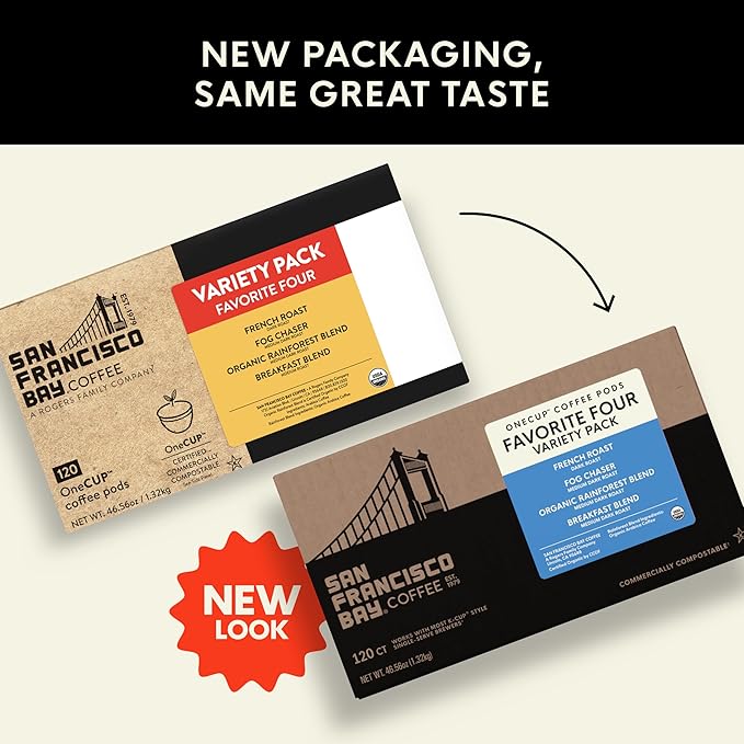 San Francisco Bay K-Cup Coffee Pods Favorite Four Variety Pack (120 ct), Includes French Roast, Fog Chaser, Organic Rainforest, & Breakfast Blend, Commercially Compostable Single-Serve Coffee Pods