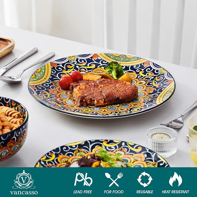 vancasso 12 Pieces Dinnerware Sets, Dark Green Plates and Bowls Set, Porcelain Dishes Set for 4, Microwave and Dishwasher Safe, Scratch Resistant, Bohemian Style Dining Ware Service for 4, Series SIMI