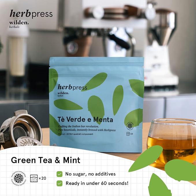Botanical Infusion Starter Kit – HerbPress Stainless Steel Filter 5 for Espresso Machines + Wilden.herbals Relaxing Herbal Teas (Mint and Green Tea & Darjeeling Black tea, 40 Count)