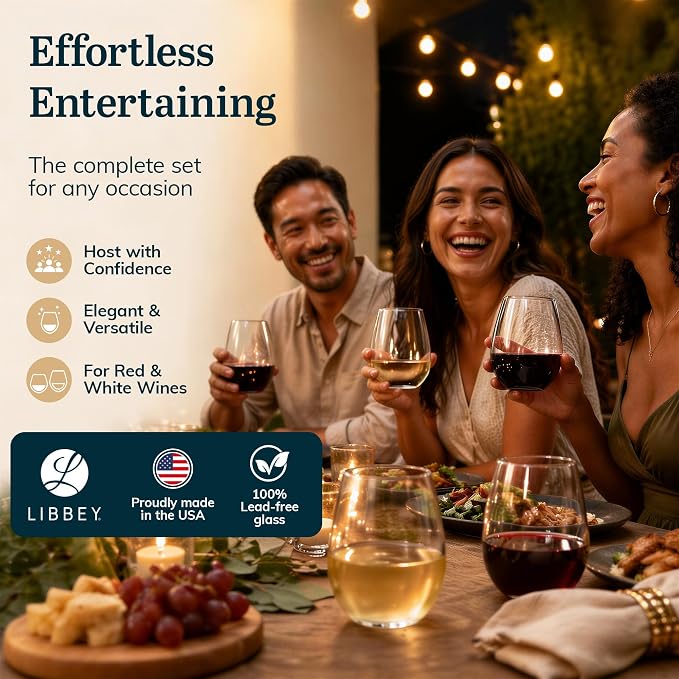 Libbey Stemless Wine Glasses Set of 12, Dishwasher Safe Set Of Wine Glasses, Perfect for Cocktails, Water, and Outdoor Glassware