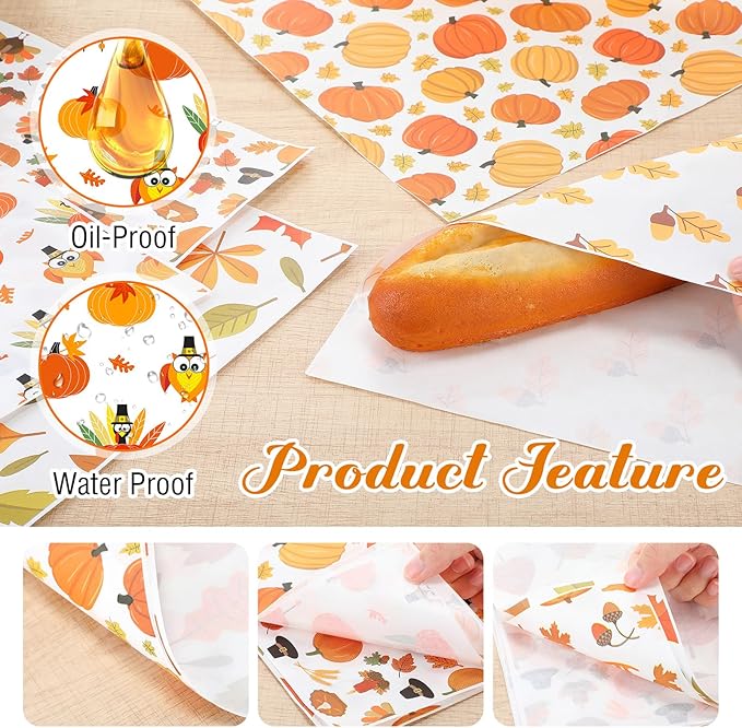 Reallnaive 600 Pcs Thanksgiving Theme Wax Paper Sheets 12 x 12 Inch Parchment Deli Tissue Paper Sandwich Wrapping Sheets Food Basket Liners for Kitchen Restaurant Baking Supplies, 6 Styles