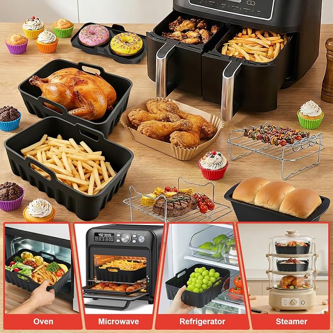 Dual Air Fryer Accessories, Reusable Compatible for Ninja Foodi DZ201, DZ401, DZ550, DZ302, COSORI 9QT, Chefman, Instant, and 6-in-1 8-10QT Dual Basket Air Fryersr,Silicone Liner, Grill
