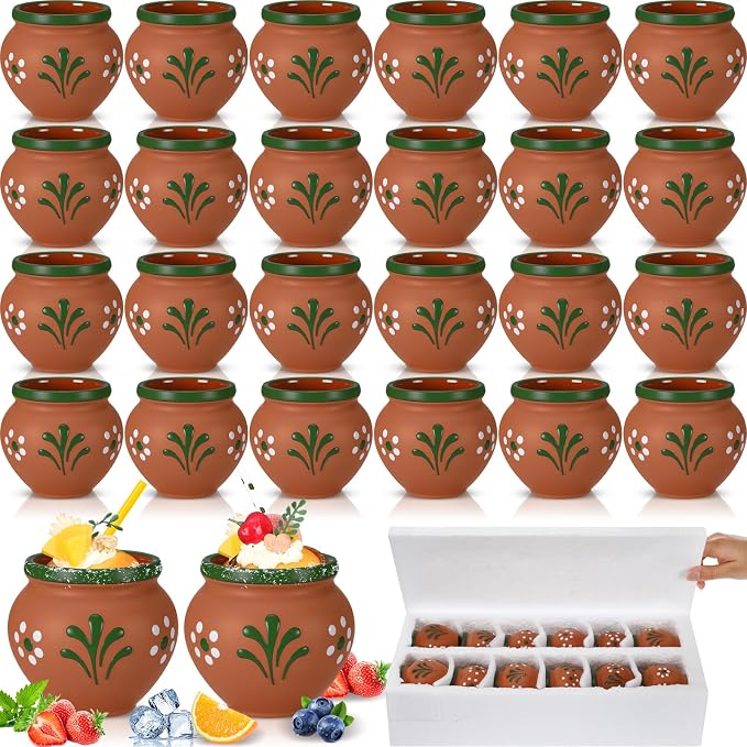 Gejoy 24 Pcs 3oz Cantaritos De Barro Shot Mini Clay Cups Jarritos De Barro Mexicanos Taco Cocktail Glasses for Tequila, Margaritas, Mojitos, Mojitos Cold Hot Drinks (Floral)