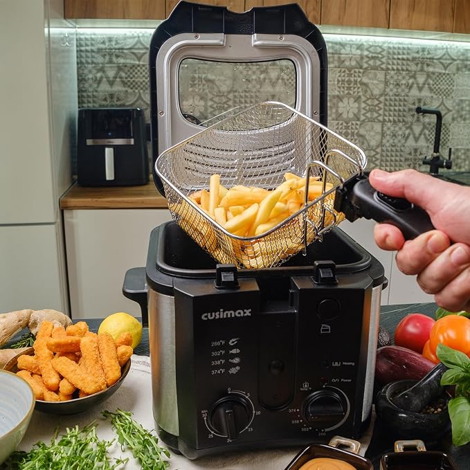 CUSIMAX Electric Deep Fryer for Home Use, 2.5 Liter 1500W Small Deep Fryer with Basket, Adjustable Temperature & Time, Lid with View Window and Odor Free Filter