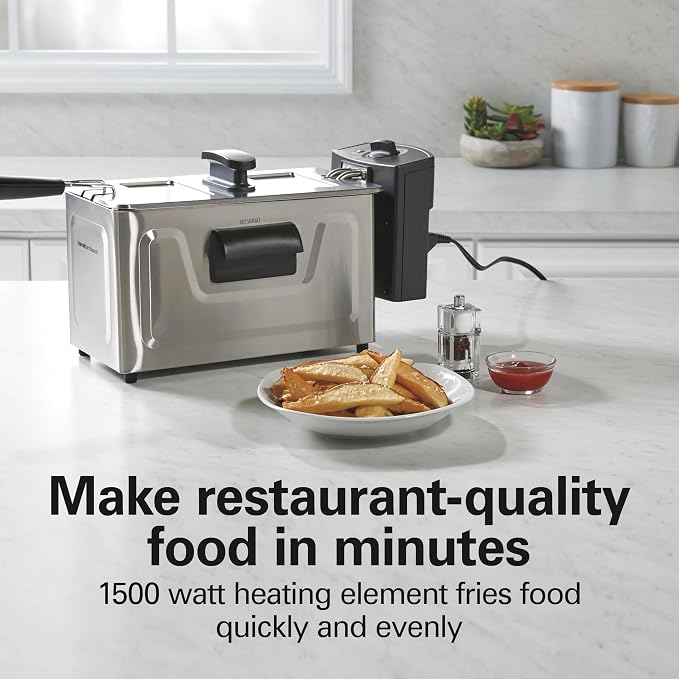Hamilton Beach Family Style Electric Deep Fryer With Basket | 3 Liter / 12 Cup Oil Capacity | 1500 Watts | Lid | Easy Detach Magnetic Cord | Stainless Steel | 35220G