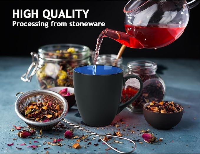 MIAMIO - Set of 6 Stoneware Coffee Mugs 12 Ounce/Cup Set - Le Papillon Collection (Black-Blue)