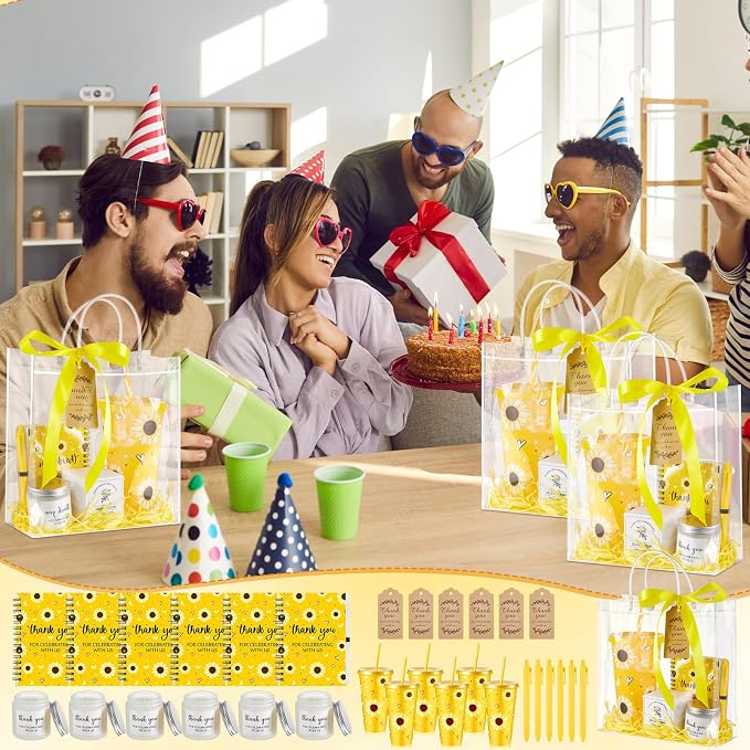 Nuogo 6 Sets New Parent Shower Prizes for Player Winners Adult, Wedding Bridal Shower Gift, Plastic Tumbler Notebook Scented Candle Ballpoint Pen Bag (Yellow Color,Sunflower Style)
