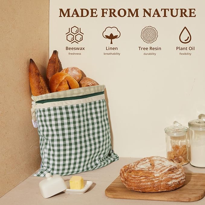 BRONYPRO Reusable Beeswax and Linen Bread Bags with Zipper, 2-Pack Waxed Bread Bags for Homemade Bread & Sourdough, Sustainable Loaf Storage to Lock in Freshness, Large 17x12.6in, Green Gingham