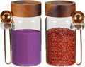 8 oz Small Glass Mason Jars with Scoop Wooden Screw Lid Spice Herb Storage Container Clear Round Glass Food Canister for Seasoning Sugar Tea Coffee Bean Spice Salts Pantry (2×250ml(8.4oz)with scoop)