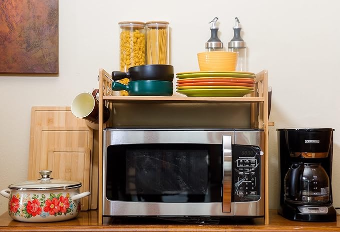 BAMBOO LAND Bamboo Microwave Oven Rack with Hooks and Built-In Knife Holder, Countertop Microwave Shelf