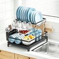 Simple Trending Dish Rack, Stainless Steel Dish Drying Rack for Kitchen Counter, Large Capacity 2-Tier Dish Drainer Organizer with Utensil Holder, Black