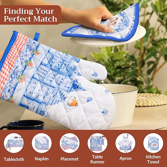 Maison d' Hermine Pot Holders 100% Cotton Heat Resistant Potholders 8" x 8" Hot Pads with Loop Cooking Baking Gifts for Mothers Day Handling Hot Pans Spring/Summer (Pack of 1, Amsterdam Canals)