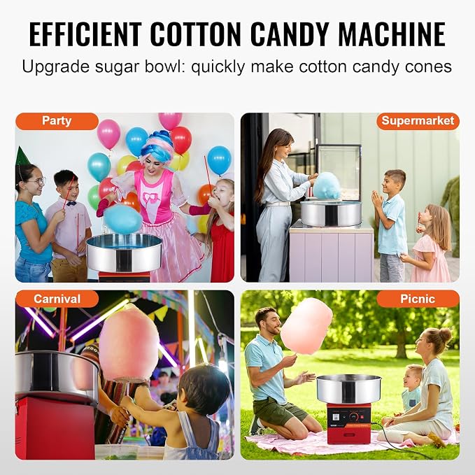 VEVOR Electric Cotton Candy Machine, 1000W Candy Floss Maker, Commercial Cotton Candy Machine with Stainless Steel Bowl, Sugar Scoop, and Drawer, Perfect for Home Kids Birthday, Family Party, Red