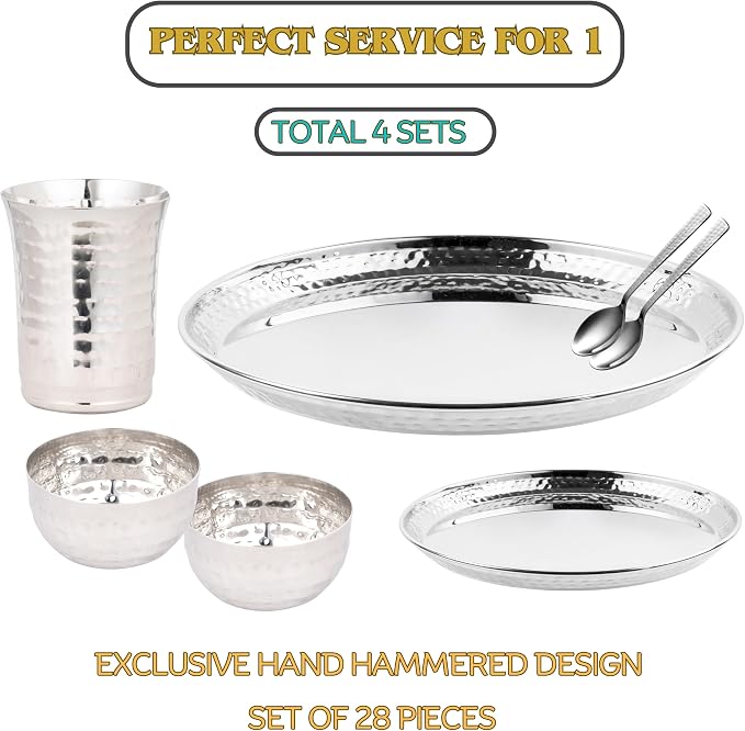 Stainless Steel Dinnerware Hammered 28-Piece Dinner set Dishwasher safe ~ Indian Style (Service for 4)
