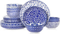 Selamica Ceramic Plates and Bowls Sets,18 Pieces Retro Floral Dinnerware Sets for 6,Dishwasher & Microwave Safe dish set,Family & Holiday Dining, Vintage Blue