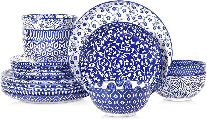 Selamica Ceramic Plates and Bowls Sets,18 Pieces Retro Floral Dinnerware Sets for 6,Dishwasher & Microwave Safe dish set,Family & Holiday Dining, Vintage Blue