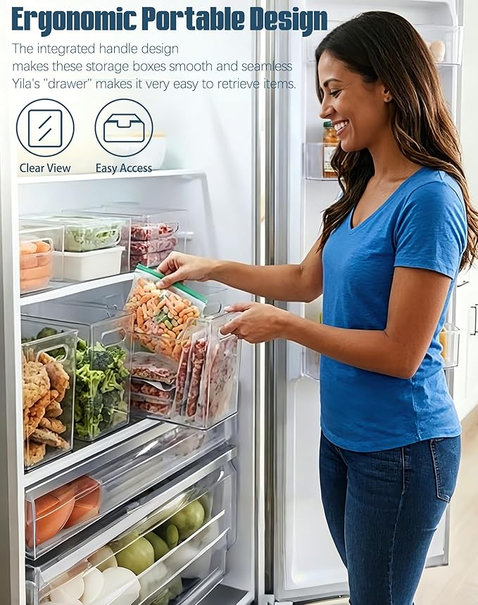 Crystal Clear Freezer Storage Bins - 8 Pack Clear Plastic Bins for Refrigerator and Pantry, Stackable Kitchen Cabinet Organizer with Handles for Frozen Food, Meat & Veggies (8PCS S)