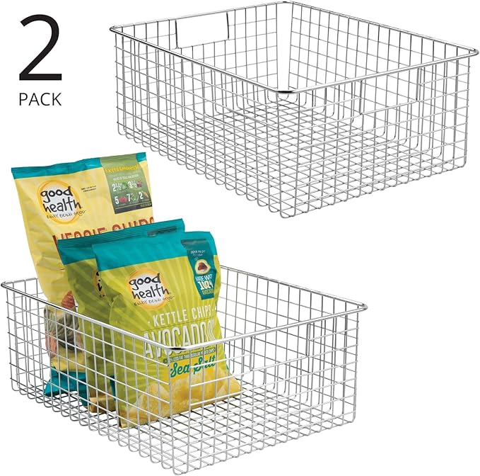 mDesign Metal Wire Food Storage Basket Organizer with Handles for Organizing Kitchen Cabinets, Pantry Shelf, Bathroom, Laundry Room, Closets, Garage - Concerto Collection - 2 Pack - Chrome