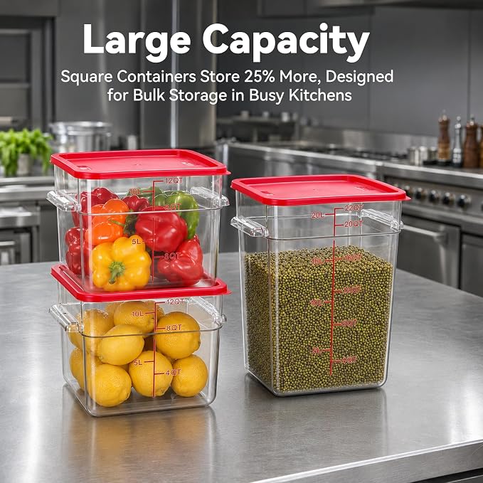 4 Pack Food Storage Containers with Red Lids, 12.0 Qt - Square, Clear, Polycarbonate, for Restaurant Commercial Kitchen and Home party