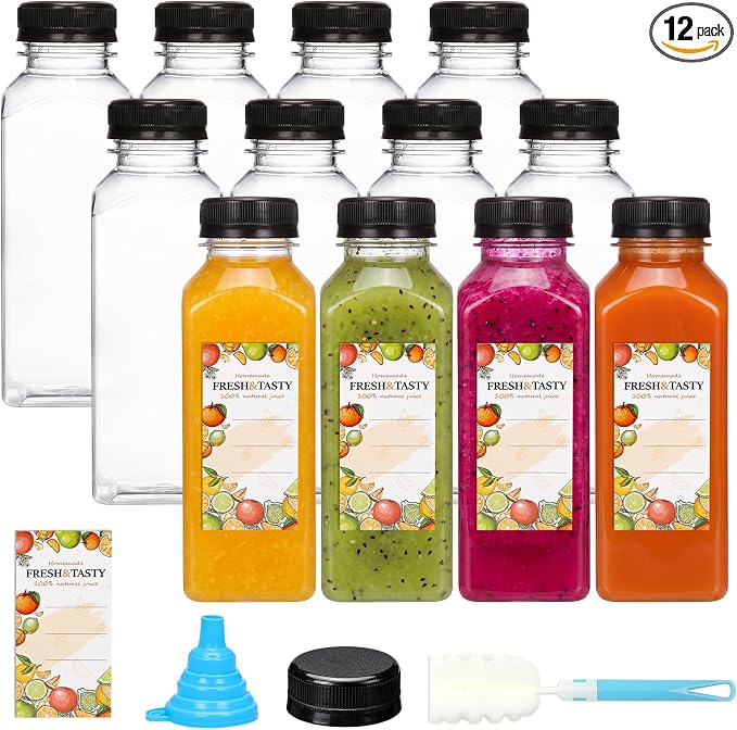TOMNK 12pcs Juice Bottles, 12oz Reusable Plastic Juice Containers Bottles with Caps and Labels, Funnel, Brush Beverage Containers for Juicing, Smoothies, Tea, Milk
